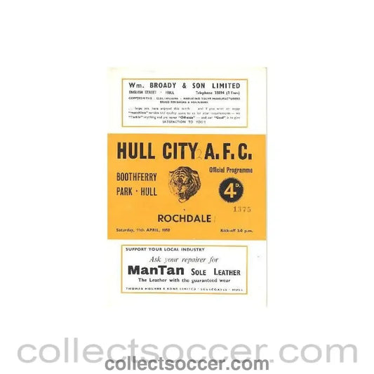 1959 - Hull City v Rochdale official programme 11/04/1959 - Collect Soccer