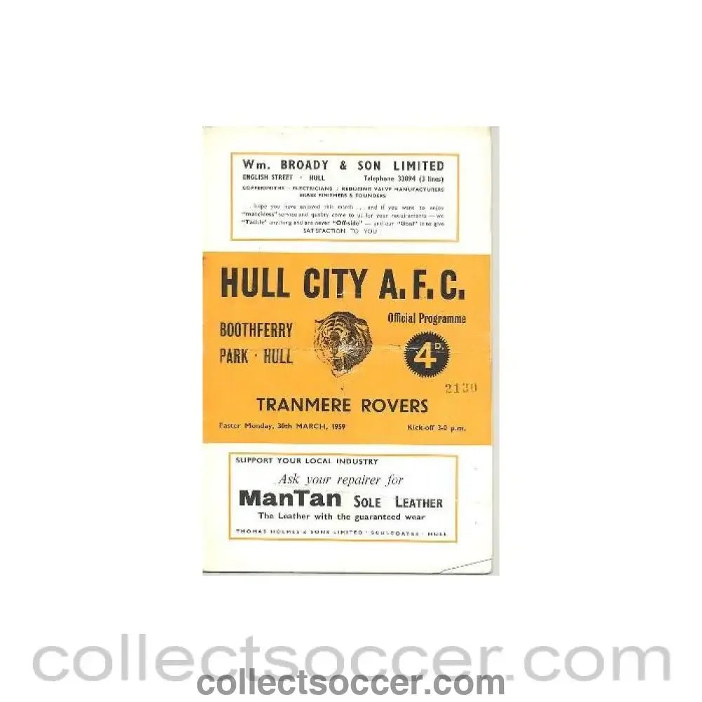 1959 - Hull City v Tranmere Rovers official programme 30/03/1959 - Collect Soccer