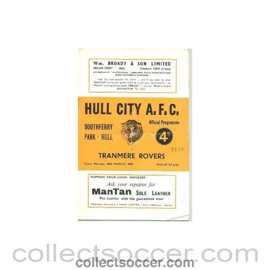 1959 - Hull City v Tranmere Rovers official programme 30/03/1959 - Collect Soccer