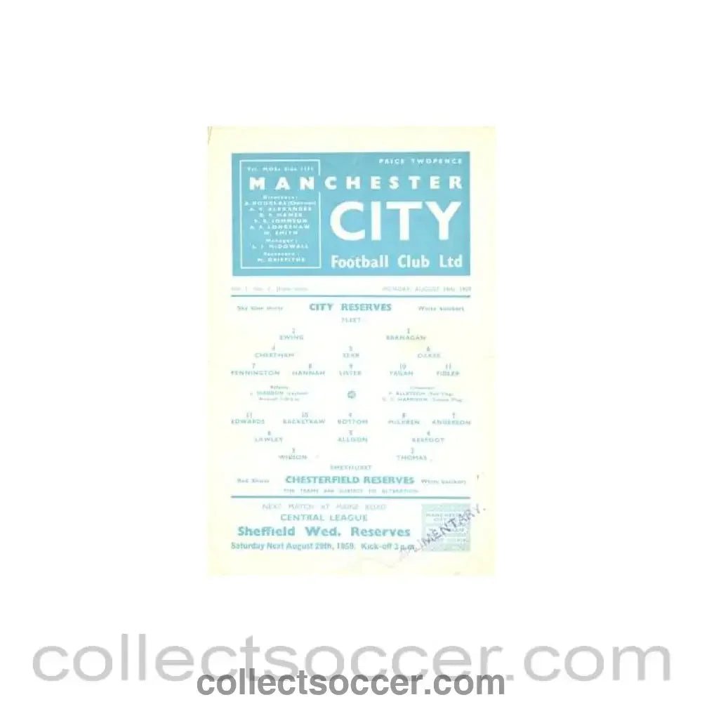 1959 - Manchester City v Chesterfield official programme 24/08/1959 Reserves - Collect Soccer