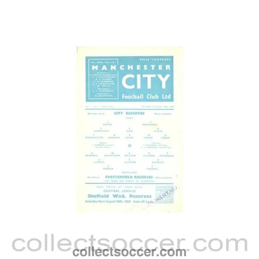 1959 - Manchester City v Chesterfield official programme 24/08/1959 Reserves - Collect Soccer