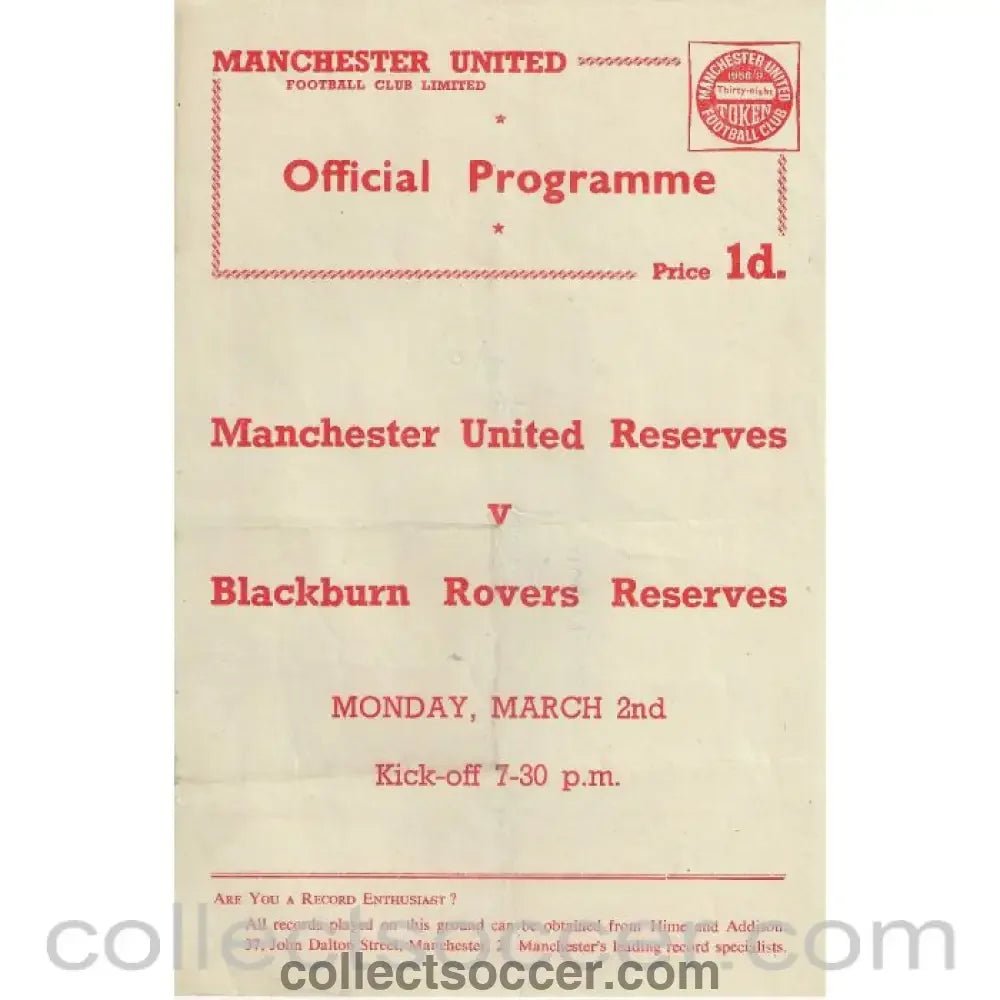 1959 - Manchester United Reserves v Blackburn Rovers Reserves 2/3/1959 Official Football Programme - Collect Soccer
