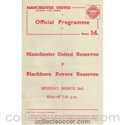 1959 - Manchester United Reserves v Blackburn Rovers Reserves 2/3/1959 Official Football Programme - Collect Soccer