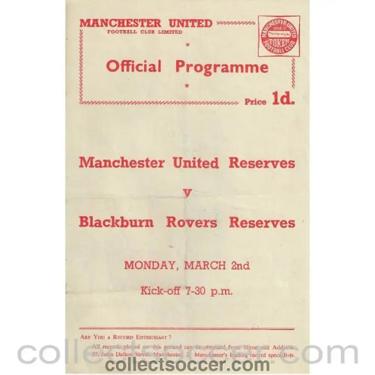 1959 - Manchester United Reserves v Blackburn Rovers Reserves 2/3/1959 Official Football Programme - Collect Soccer