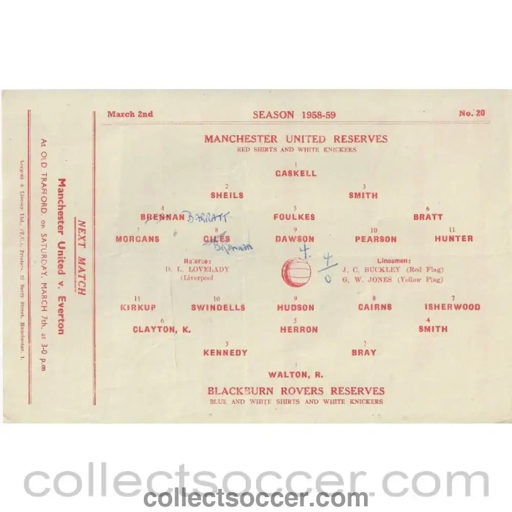 1959 - Manchester United Reserves v Blackburn Rovers Reserves 2/3/1959 Official Football Programme - Collect Soccer