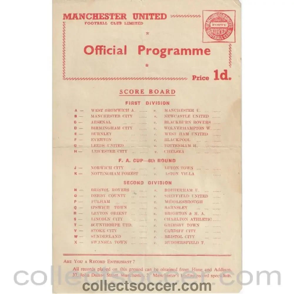 1959 - Manchester United Reserves v Derby County Reserves 14/3/1959 Official Football Programme - Collect Soccer