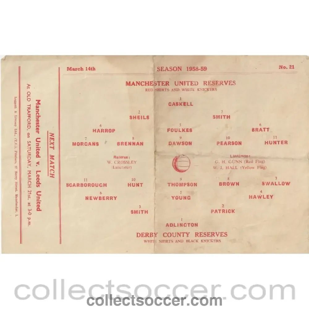 1959 - Manchester United Reserves v Derby County Reserves 14/3/1959 Official Football Programme - Collect Soccer