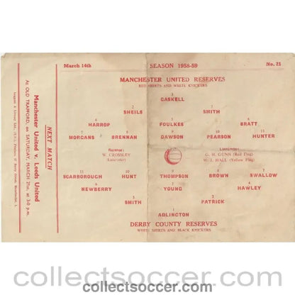 1959 - Manchester United Reserves v Derby County Reserves 14/3/1959 Official Football Programme - Collect Soccer