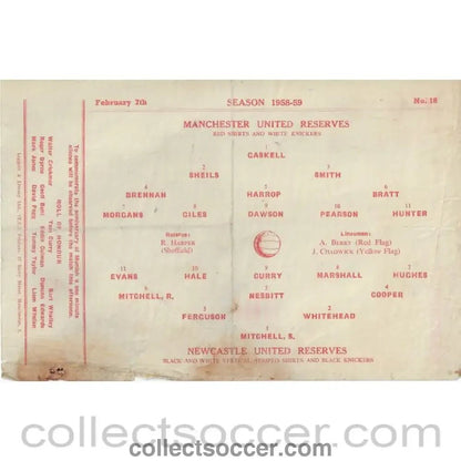 1959 - Manchester United Reserves v Newcastle United Reserves 7/2/1959 Official Football Programme - Collect Soccer