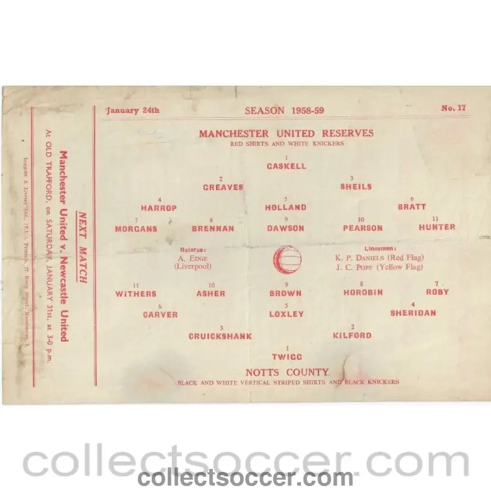 1959 - Manchester United Reserves v Notts County Reserves 24/1/1959 Official Football Programme - Collect Soccer