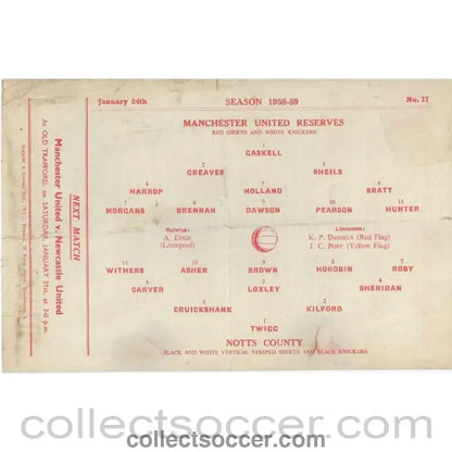 1959 - Manchester United Reserves v Notts County Reserves 24/1/1959 Official Football Programme - Collect Soccer