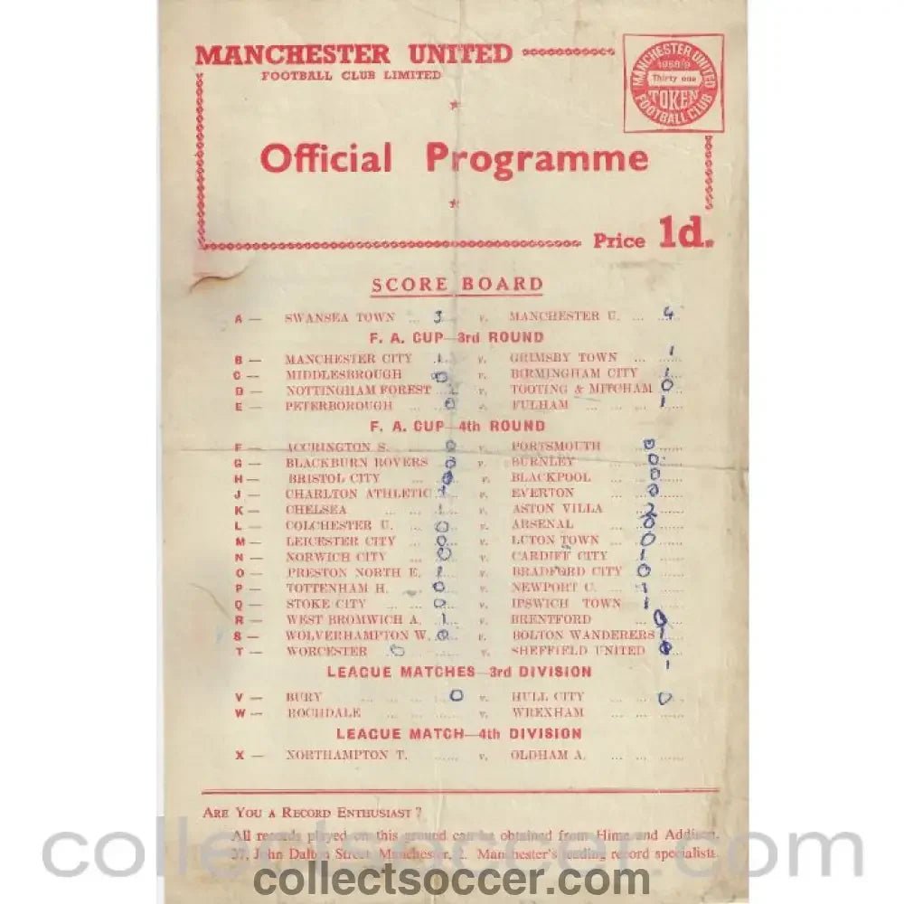 1959 - Manchester United Reserves v Notts County Reserves 24/1/1959 Official Football Programme - Collect Soccer