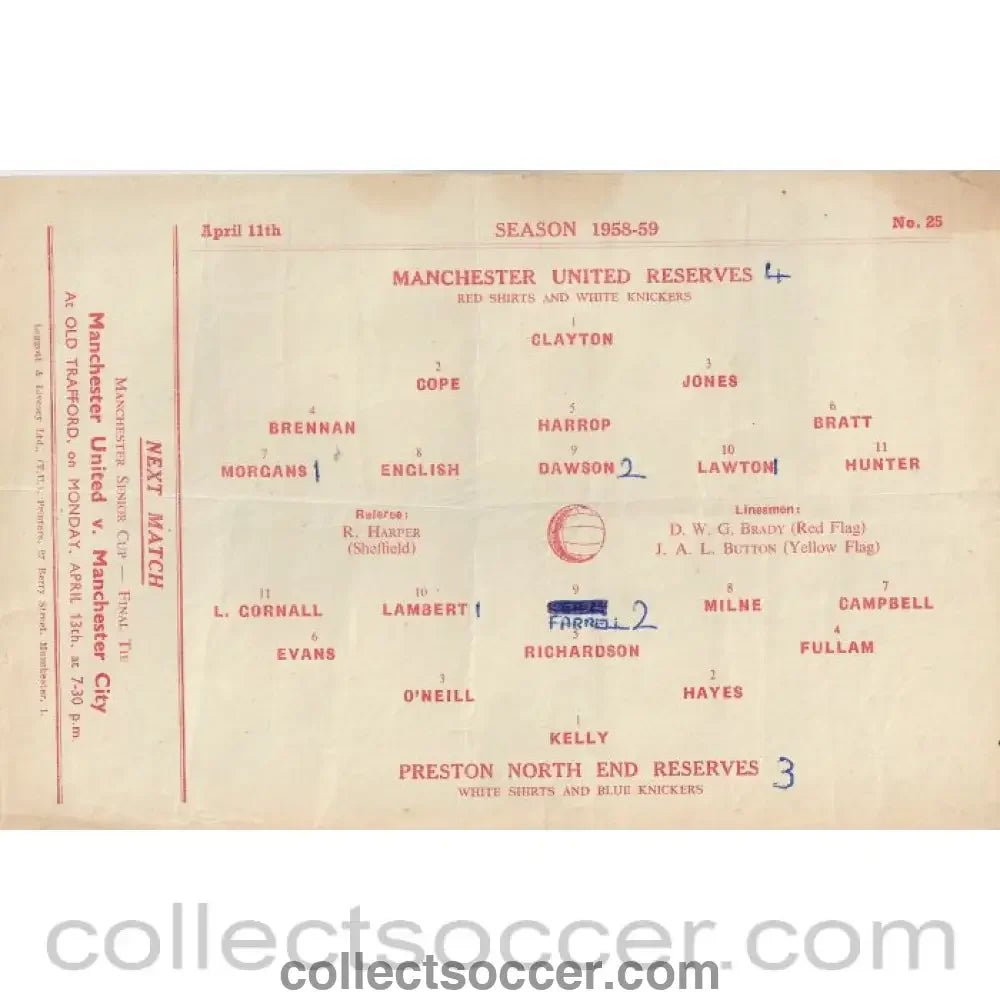 1959 - Manchester United Reserves v Preston North End Reserves 11/4/1959 Official Football Programme - Collect Soccer