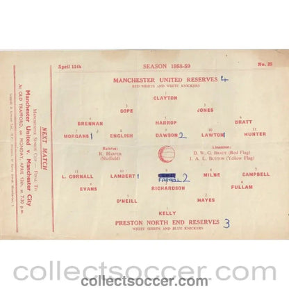 1959 - Manchester United Reserves v Preston North End Reserves 11/4/1959 Official Football Programme - Collect Soccer
