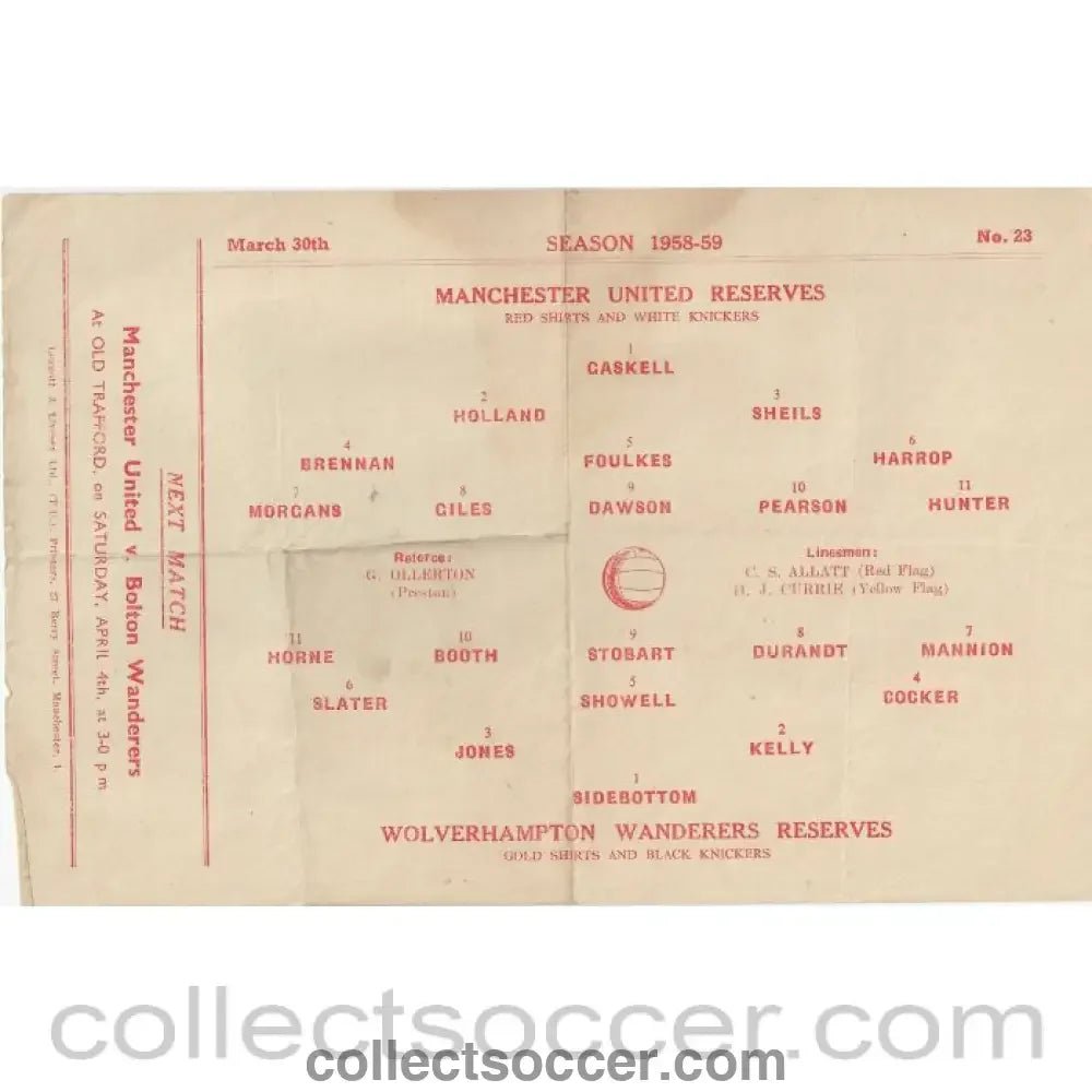 1959 - Manchester United Reserves v Wolverhampton Wanderers Reserves 30/3/1959 Official Football Programme - Collect Soccer