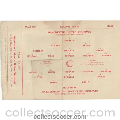 1959 - Manchester United Reserves v Wolverhampton Wanderers Reserves 30/3/1959 Official Football Programme - Collect Soccer
