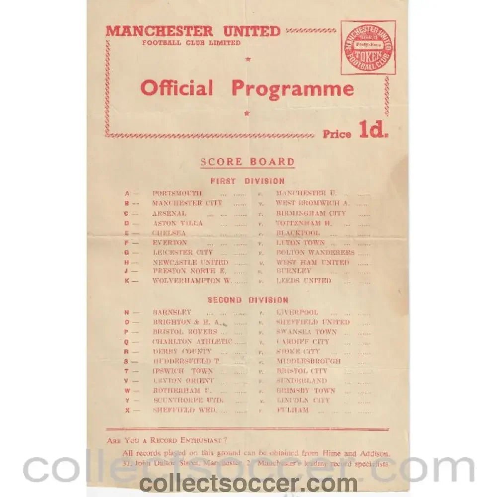 1959 - Manchester United Reserves v Wolverhampton Wanderers Reserves 30/3/1959 Official Football Programme - Collect Soccer