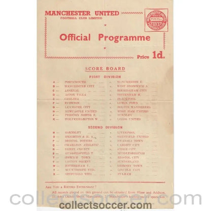 1959 - Manchester United Reserves v Wolverhampton Wanderers Reserves 30/3/1959 Official Football Programme - Collect Soccer