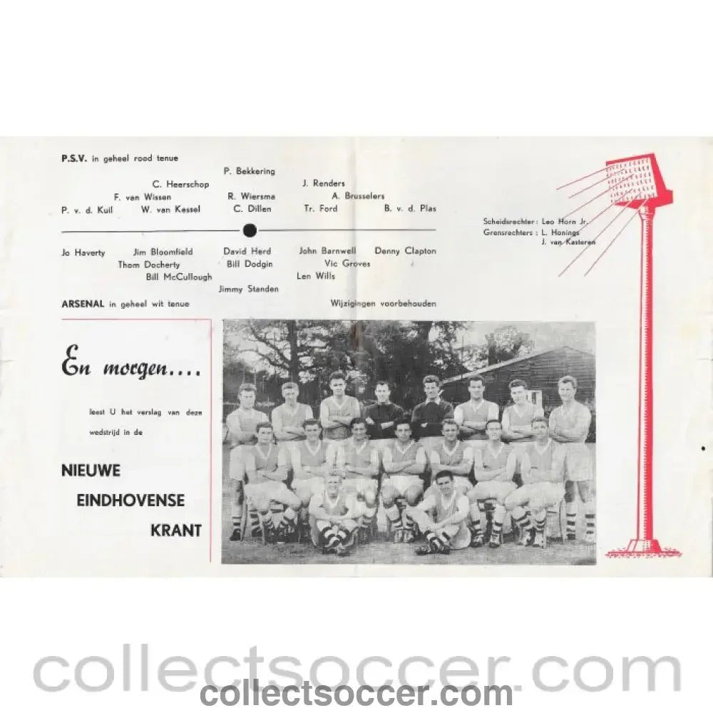 1959 - PSV Eindhoven v Arsenal 23/9/1959 Football Programme - Collect Soccer