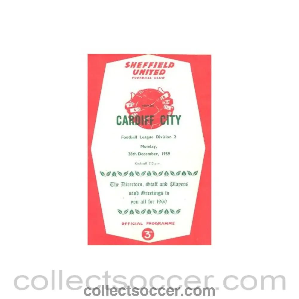 1959 - Sheffield United v Cardiff City official programme 28/12/1959 Football League - Collect Soccer