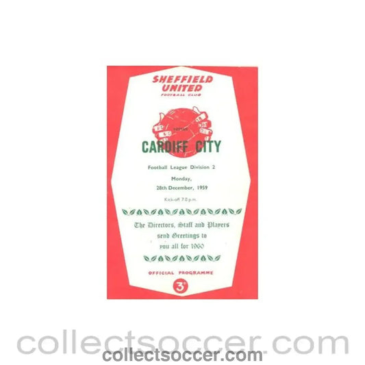 1959 - Sheffield United v Cardiff City official programme 28/12/1959 Football League - Collect Soccer