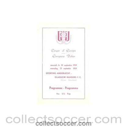 1959 Sporting Anderlecht v Glasgow Rangers official programme 23/09/1959 very rare and in very good condition - Collect Soccer