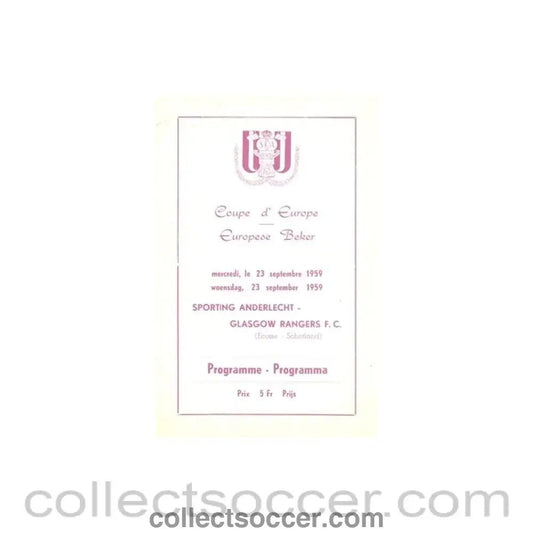 1959 Sporting Anderlecht v Glasgow Rangers official programme 23/09/1959 very rare and in very good condition - Collect Soccer