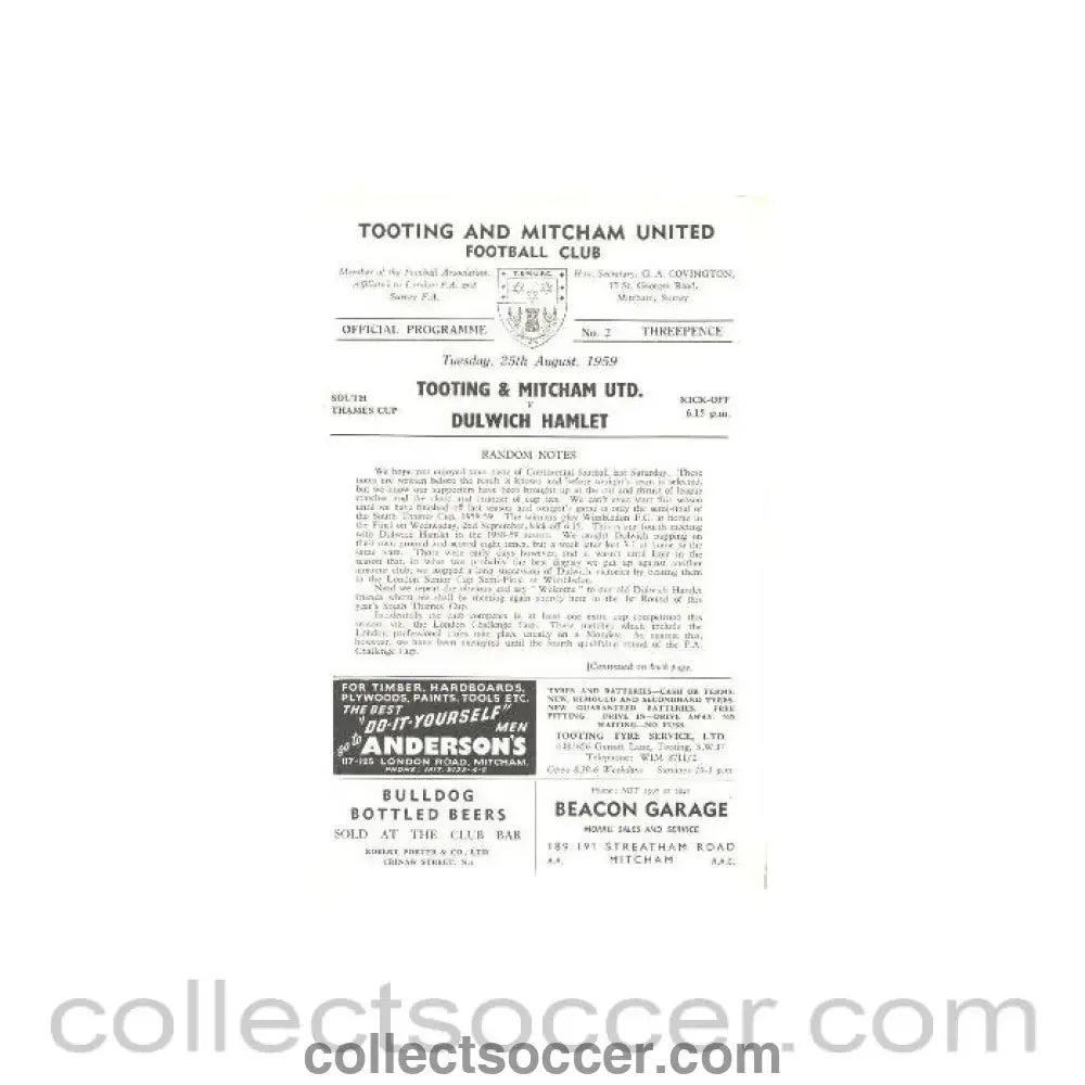1959 - Tooting & Mitcham United v Dulwich Hamlet official programme 25/08/1959 - Collect Soccer