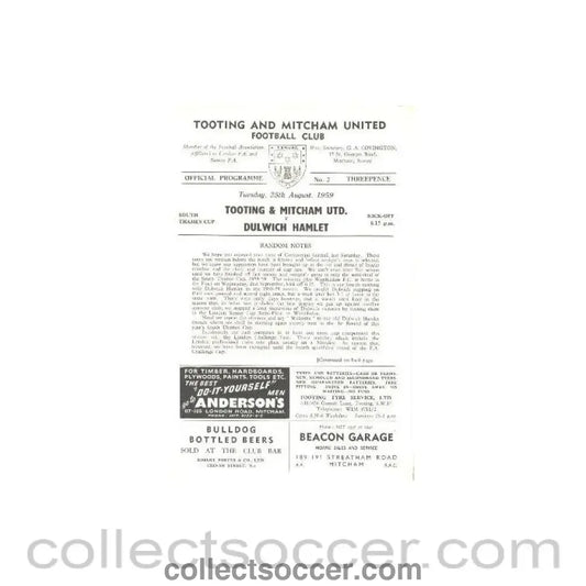 1959 - Tooting & Mitcham United v Dulwich Hamlet official programme 25/08/1959 - Collect Soccer