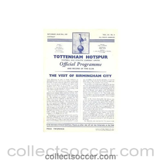 1959 - Tottenham Hotspur v Birmingham official programme 29/08/1959 - Collect Soccer