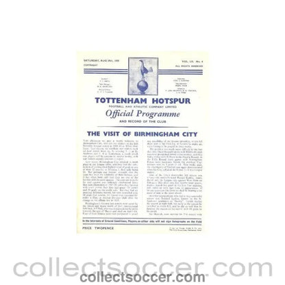 1959 - Tottenham Hotspur v Birmingham official programme 29/08/1959 - Collect Soccer