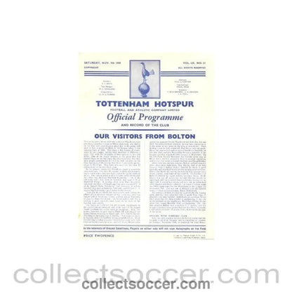 1959 - Tottenham Hotspur v Bolton Wanderers official programme 07/11/1959 Football League - Collect Soccer
