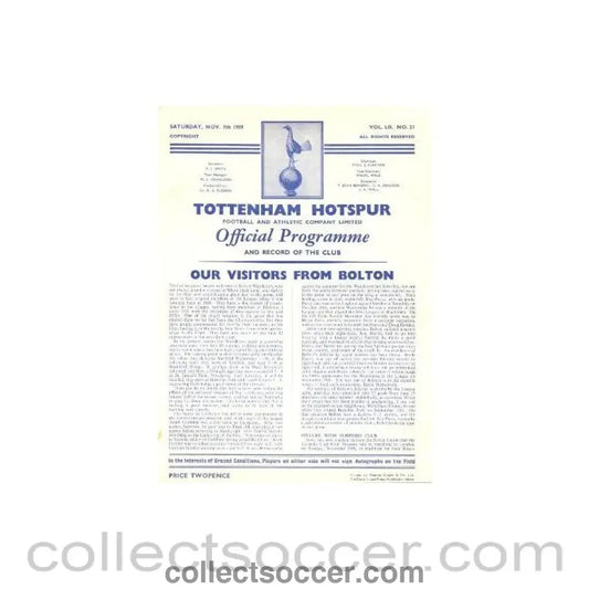 1959 - Tottenham Hotspur v Bolton Wanderers official programme 07/11/1959 Football League - Collect Soccer