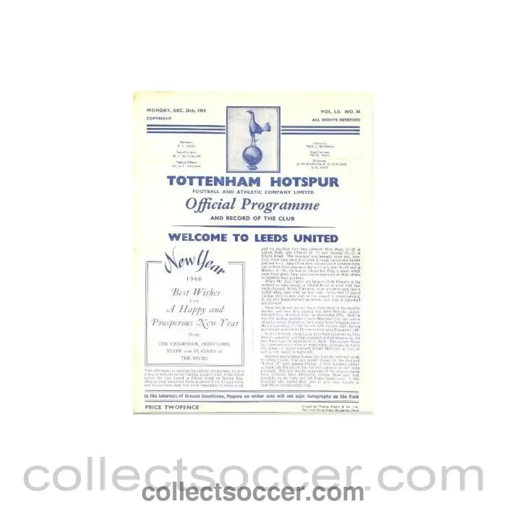 1959 - Tottenham Hotspur v Leeds United official programme 28/12/1959 - Collect Soccer