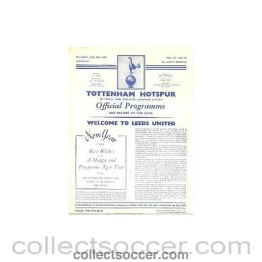 1959 - Tottenham Hotspur v Leeds United official programme 28/12/1959 - Collect Soccer