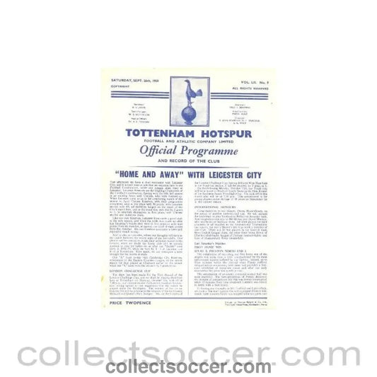 1959 - Tottenham Hotspur v Leicester City official programme 26/09/1959 Football Combination - Collect Soccer