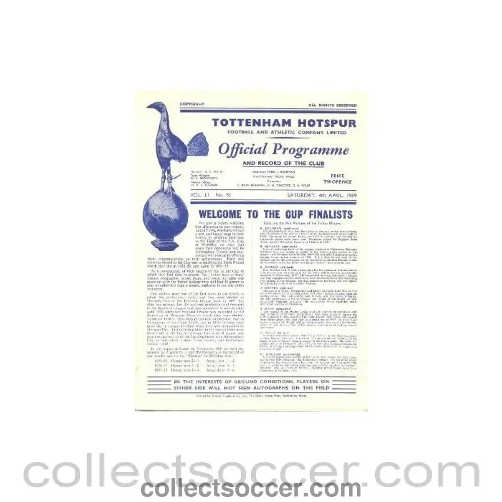 1959 - Tottenham Hotspur v Luton Town official programme 04/04/1959 Football League - Collect Soccer