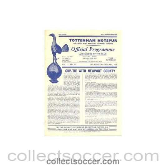 1959 - Tottenham Hotspur v Newport County official programme 24/01/1959 F.A. Cup - Collect Soccer