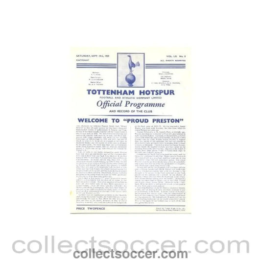 1959 - Tottenham Hotspur v Preston North End official programme 19/09/1959 Football League - Collect Soccer
