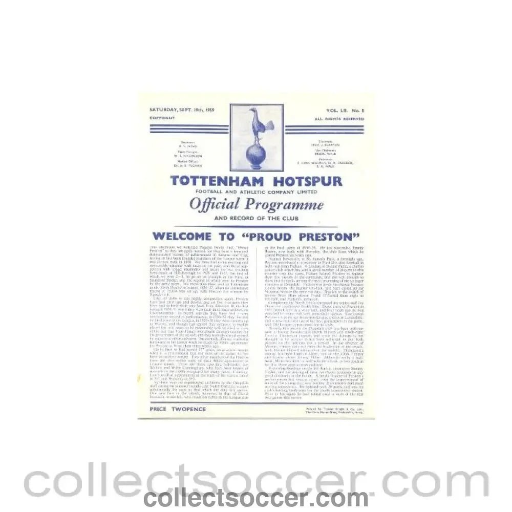 1959 - Tottenham Hotspur v Preston North End official programme 19/09/1959 Football League - Collect Soccer