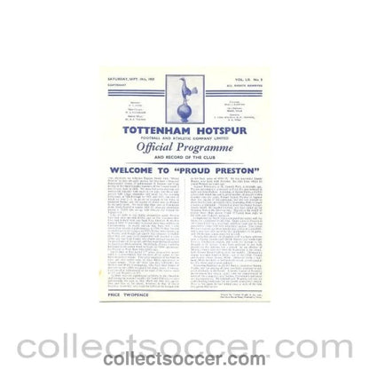 1959 - Tottenham Hotspur v Preston North End official programme 19/09/1959 Football League - Collect Soccer