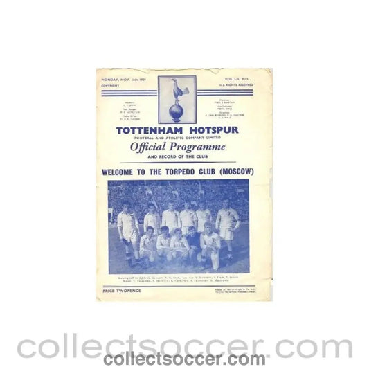 1959 - Tottenham Hotspur v Torpedo Moscow official programme 16/11/1959 - Collect Soccer