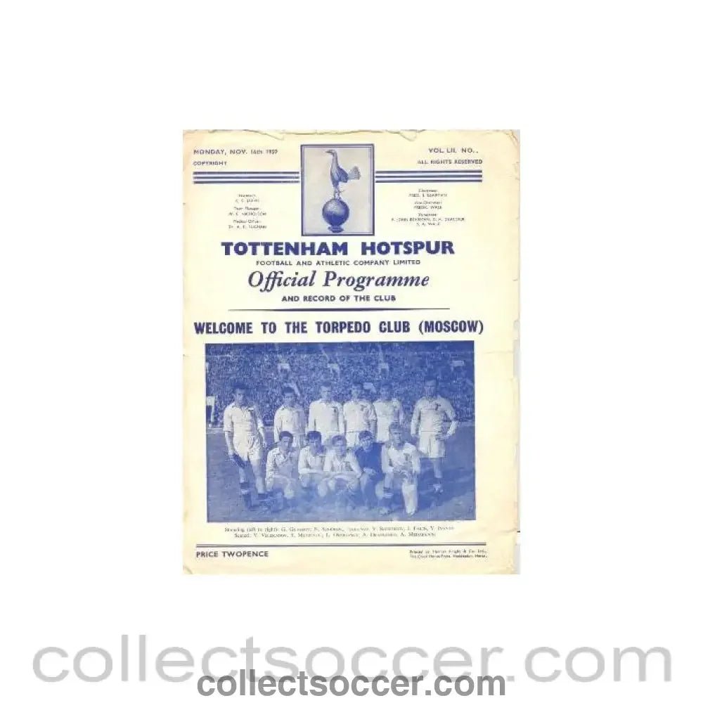 1959 - Tottenham Hotspur v Torpedo Moscow official programme 16/11/1959 - Collect Soccer