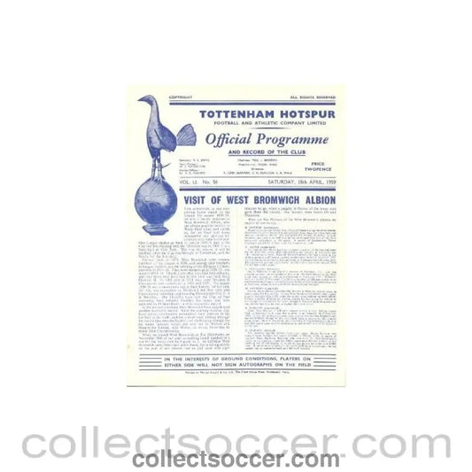 1959 - Tottenham Hotspur v West Bromwich Albion official programme 18/04/1959 Football League - Collect Soccer