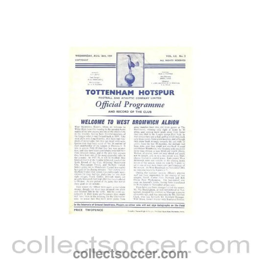 1959 - Tottenham Hotspur v West Bromwich Albion official programme 26/08/1959 - Collect Soccer