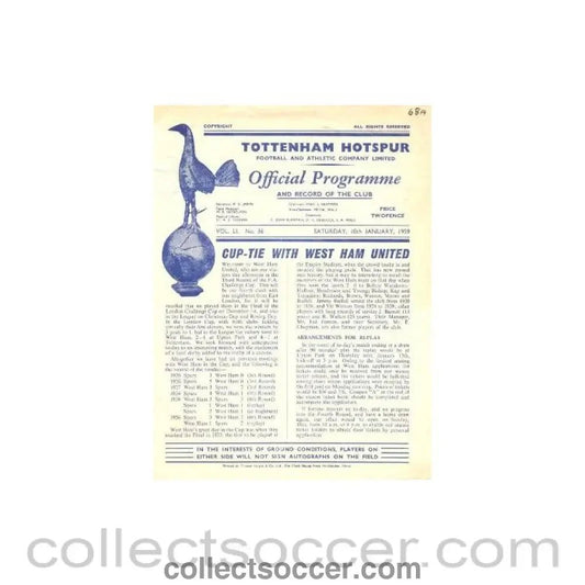 1959 - Tottenham Hotspur v West Ham United official programme 10/01/1959 - Collect Soccer