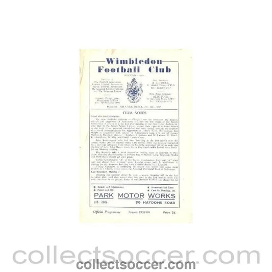 1959 - Wimbledon v Addlestone official programme 12/12/1959 - Collect Soccer