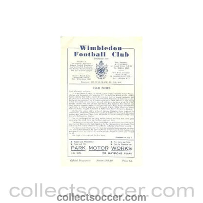 1959 - Wimbledon v Carshalton official programme 28/11/1959 - Collect Soccer