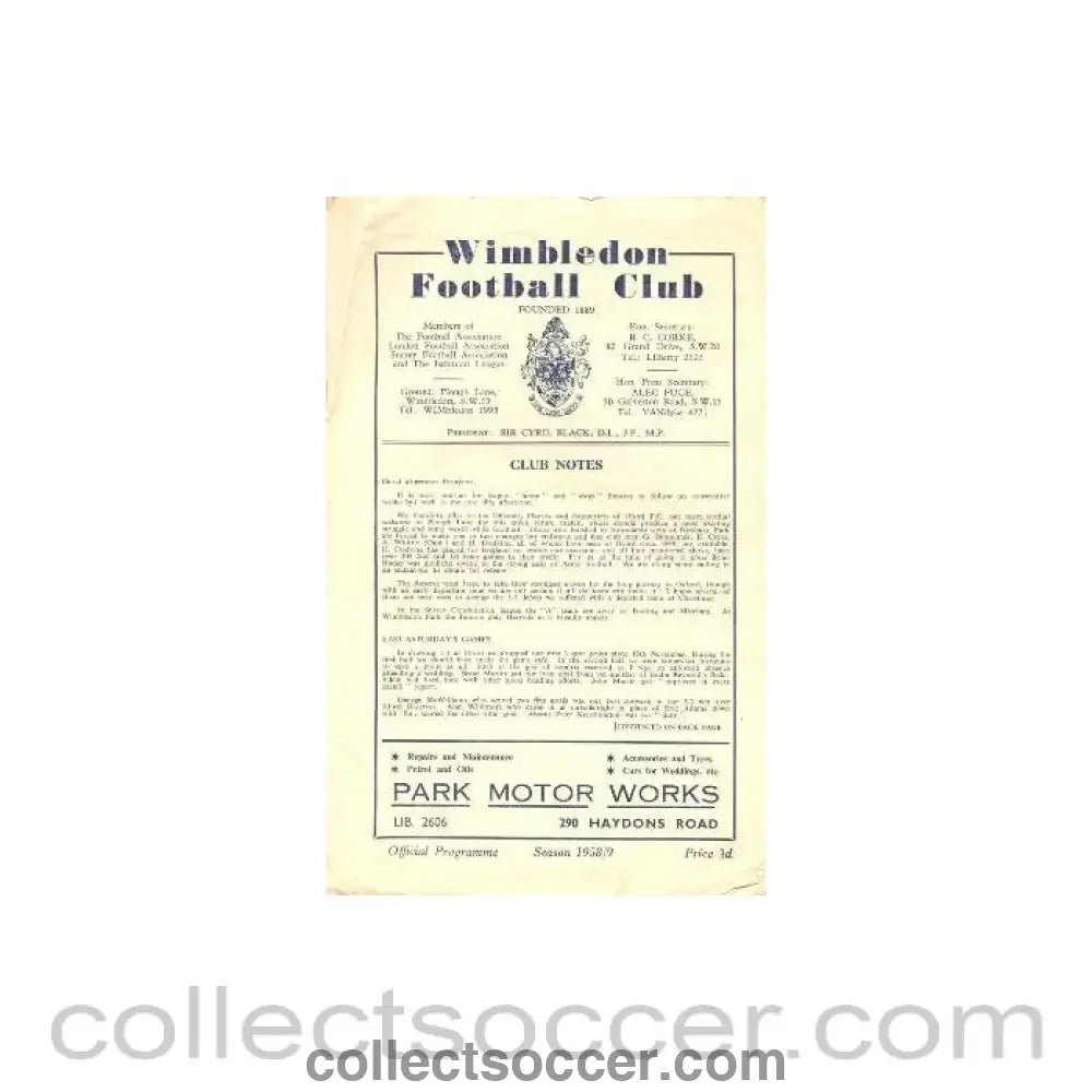 1959 - Wimbledon v Ilford official programme 14/02/1959 - Collect Soccer