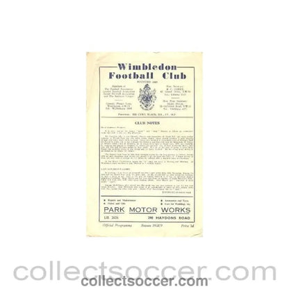 1959 - Wimbledon v Ilford official programme 14/02/1959 - Collect Soccer